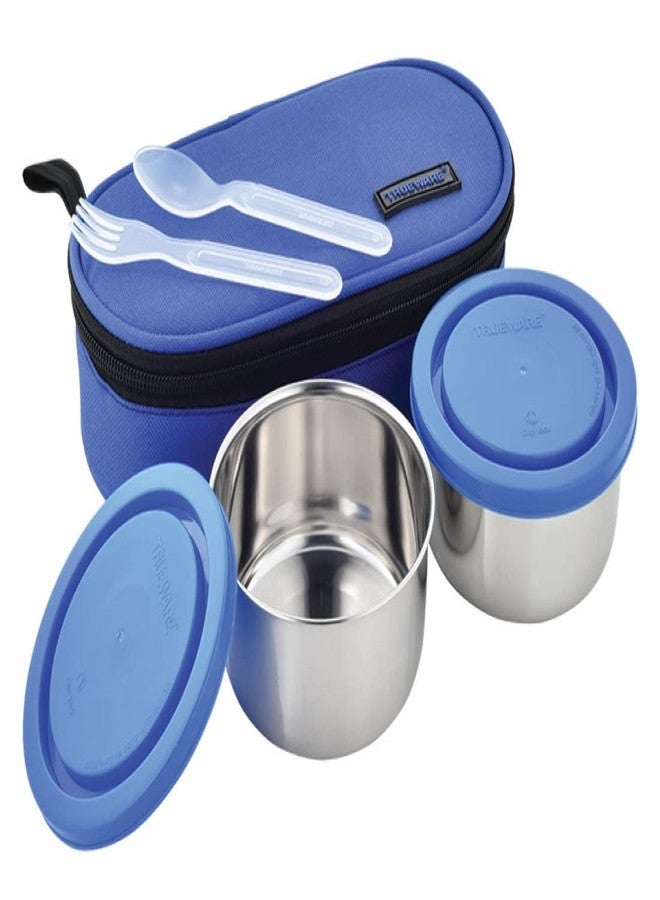 Trueware Classic Lunch Box | 2 Containers | 300 Ml Each | Stainless-Steel Leak-Proof Containers | Blue | Light Weight | Dishwasher Safe | Easy to Carry | Leak Proof | Insulated Fabric Bag - Image 1