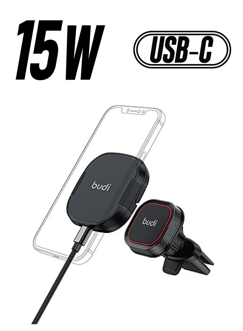 بودي شاحن سيارة لاسلكي مغناطيسي 15 وات للهاتف المحمول للسيارة ثنائي الاستخدام يدور 360 درجة من النوع C شاحن سيارة سريع حامل هاتف محمول جيد التهوية متوافق مع iPhone 12/12 Mini / 12 Pro / 12 Pro Max - Image 1