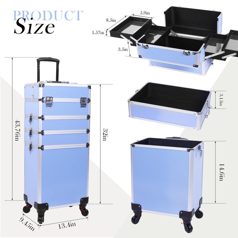 CHUANGJIN 5 in 1 Professional Makeup Train Case Aluminum Cosmetic Case Rolling Makeup Case ExtraLarge Storage Organizer with Key Swivel Wheels Salon Barber Case for Make Up Nail Hairstylists, Blue - Image 2