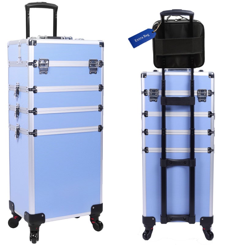 CHUANGJIN 5 in 1 Professional Makeup Train Case Aluminum Cosmetic Case Rolling Makeup Case ExtraLarge Storage Organizer with Key Swivel Wheels Salon Barber Case for Make Up Nail Hairstylists, Blue - Image 1