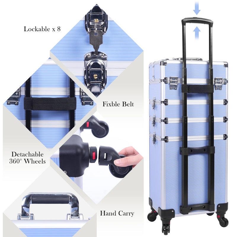 CHUANGJIN 5 in 1 Professional Makeup Train Case Aluminum Cosmetic Case Rolling Makeup Case ExtraLarge Storage Organizer with Key Swivel Wheels Salon Barber Case for Make Up Nail Hairstylists, Blue - Image 4