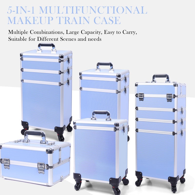 CHUANGJIN 5 in 1 Professional Makeup Train Case Aluminum Cosmetic Case Rolling Makeup Case ExtraLarge Storage Organizer with Key Swivel Wheels Salon Barber Case for Make Up Nail Hairstylists, Blue - Image 5