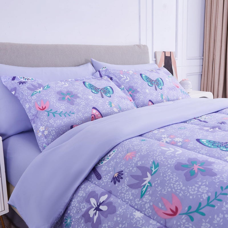 Mooreeke Kids Twin Comforter Sets for Girls 6 Pieces Butterfly Purple Bedding Set for Teens Soft Microfiber Kids Bed in A Bag with Comforter, Sheet Set, Shams and Decorative Toy Pillow All Season - Image 2