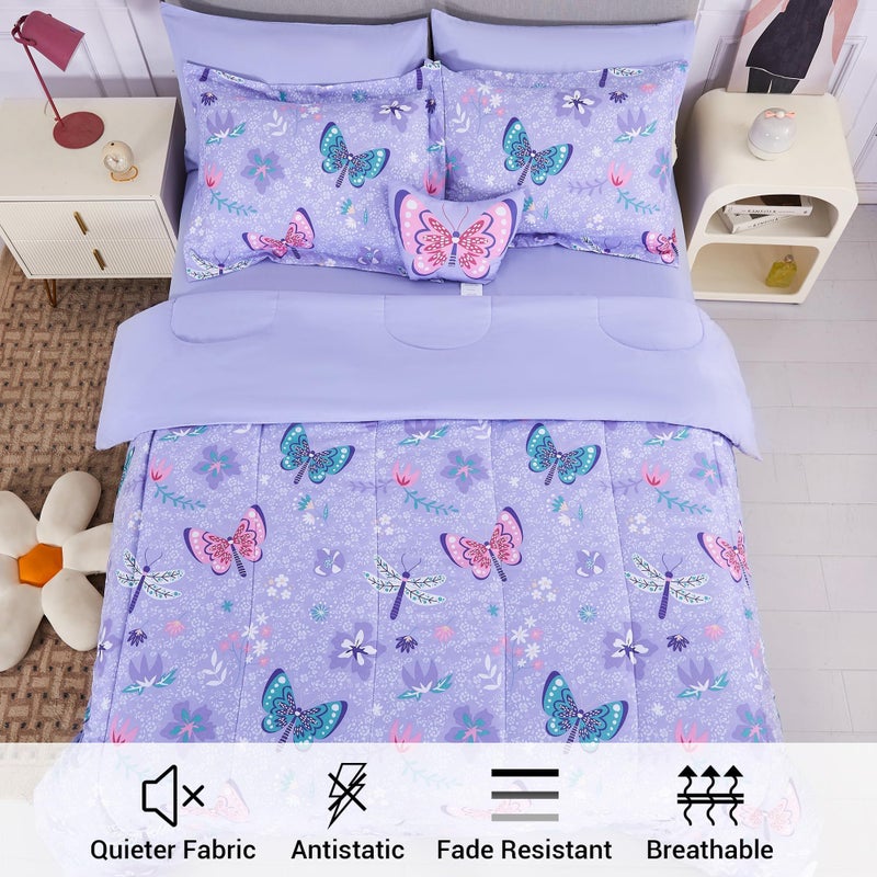 Mooreeke Kids Twin Comforter Sets for Girls 6 Pieces Butterfly Purple Bedding Set for Teens Soft Microfiber Kids Bed in A Bag with Comforter, Sheet Set, Shams and Decorative Toy Pillow All Season - Image 3