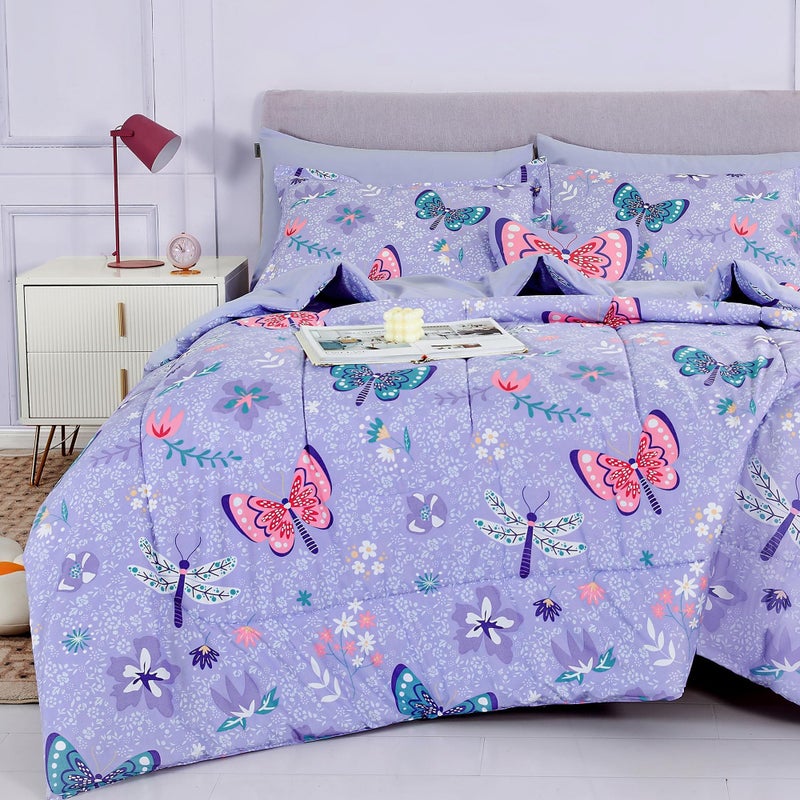 Mooreeke Kids Twin Comforter Sets for Girls 6 Pieces Butterfly Purple Bedding Set for Teens Soft Microfiber Kids Bed in A Bag with Comforter, Sheet Set, Shams and Decorative Toy Pillow All Season - Image 1
