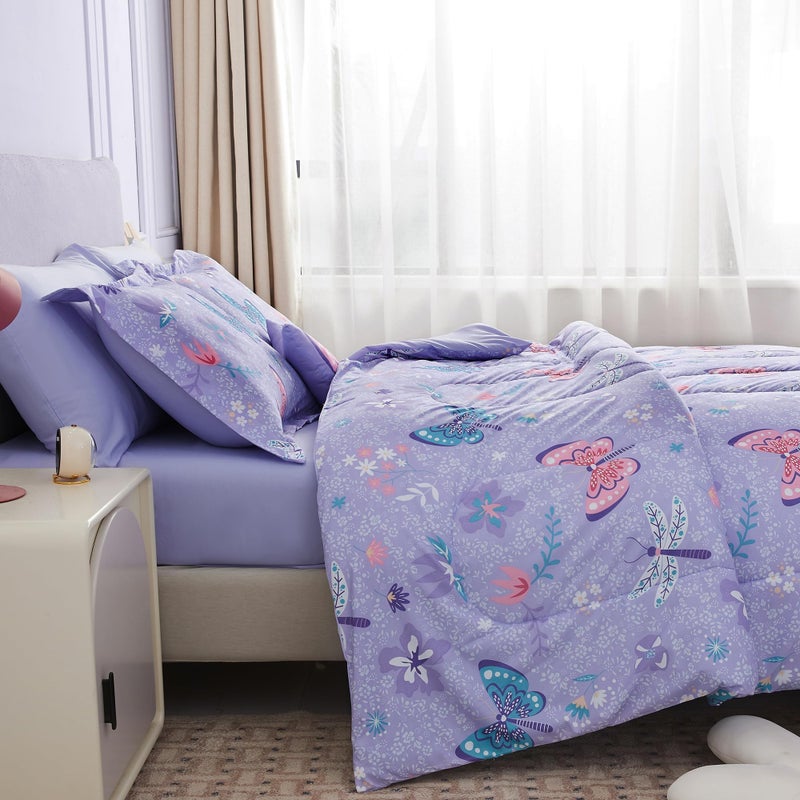Mooreeke Kids Twin Comforter Sets for Girls 6 Pieces Butterfly Purple Bedding Set for Teens Soft Microfiber Kids Bed in A Bag with Comforter, Sheet Set, Shams and Decorative Toy Pillow All Season - Image 4