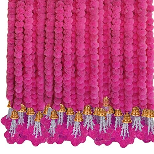 ABHAAS Handmade Artificial Marigold Flowers for Decoration Long Flower Garlands for Door Decoration Toran Genda Phool for Wedding/Festivals with Bells (5Ft /Pink/Set of 5) - Image 2