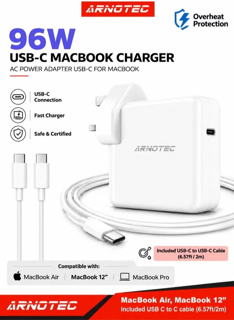 96W USB-C Fast Charger Replacement Type C Power Adapter Compatible With MacBook Pro 16/15/14/13'', for MacBook Air, MacBook 12'', Included USB C to C Cable (6.57ft/2m)