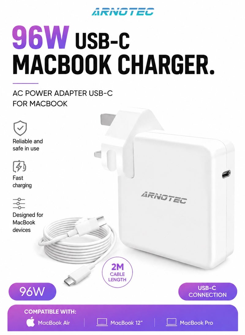 ARNOTEC 96W USB-C Fast Charger Replacement Type C Power Adapter Compatible With MacBook Pro 16/15/14/13'', for MacBook Air, MacBook 12'', Included USB C to C Cable (6.57ft/2m) - Image 1