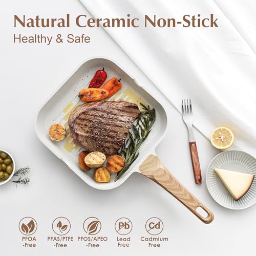 SENSARTE Nonstick Ceramic Grill Pan for Stove Tops, Square Grilling Pan with Pour Spouts, Non Toxic Durable Grill Skillet for All Stoves(Gas,Electric,Induction) PTFE,PFAS,PFOA Free, 12Inch (White) - Image 2