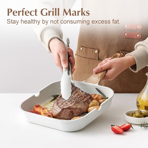 SENSARTE Nonstick Ceramic Grill Pan for Stove Tops, Square Grilling Pan with Pour Spouts, Non Toxic Durable Grill Skillet for All Stoves(Gas,Electric,Induction) PTFE,PFAS,PFOA Free, 12Inch (White) - Image 3