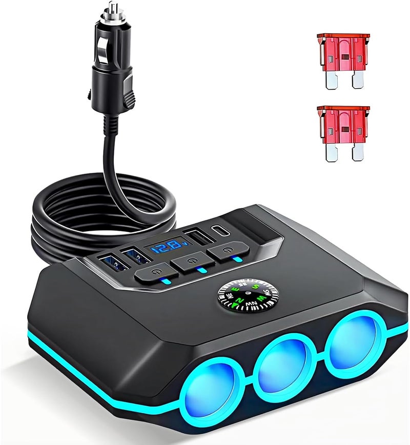 YIMI Car Cigarette Lighter Splitter, Car Charger Adapter 120W QC 3.0 & PD 20W with 3 Sockets, 12V/24V Vehicle Cigarette Lighter Adapter Plug Power Outlet with Voltmeter, Fast USB Phone Charger,Gift for Men - Image 1
