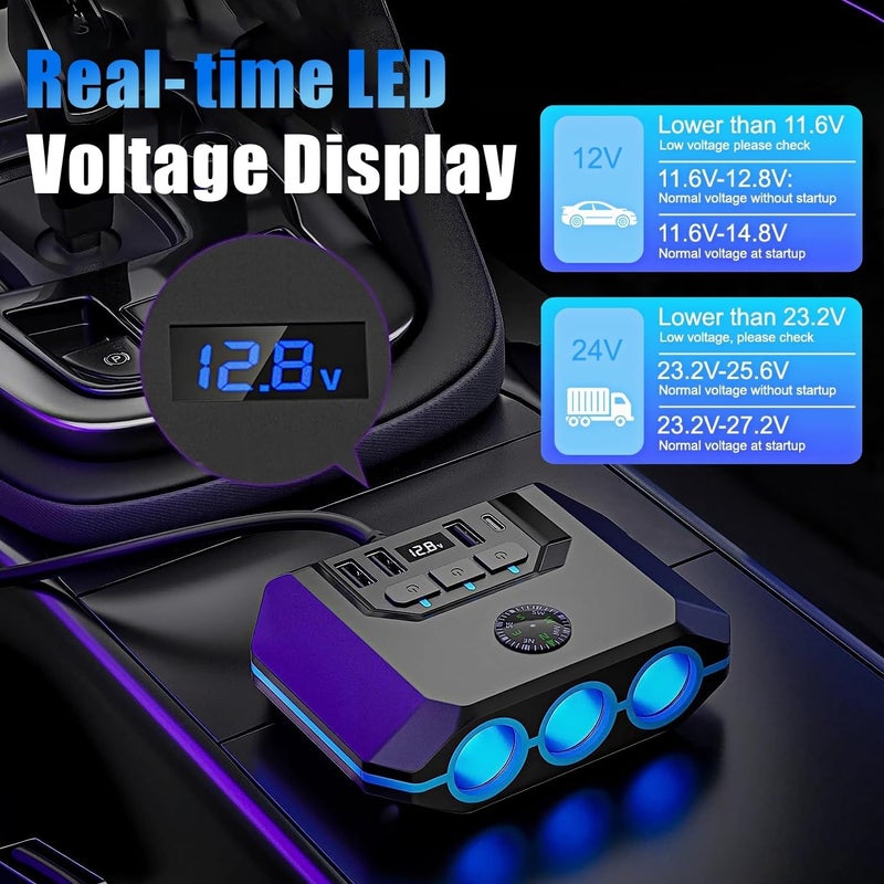 YIMI Car Cigarette Lighter Splitter, Car Charger Adapter 120W QC 3.0 & PD 20W with 3 Sockets, 12V/24V Vehicle Cigarette Lighter Adapter Plug Power Outlet with Voltmeter, Fast USB Phone Charger,Gift for Men - Image 4