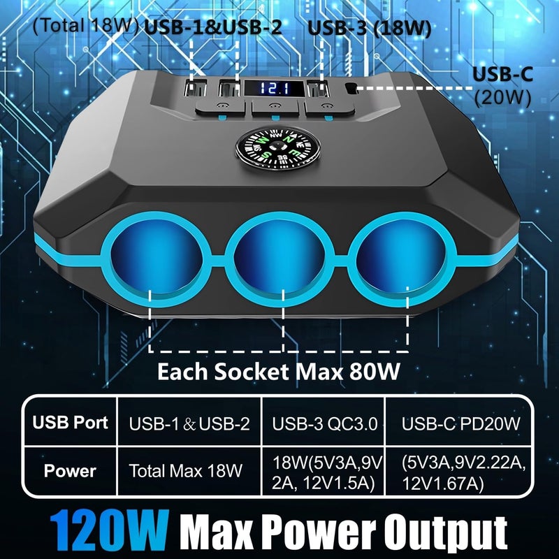 YIMI Car Cigarette Lighter Splitter, Car Charger Adapter 120W QC 3.0 & PD 20W with 3 Sockets, 12V/24V Vehicle Cigarette Lighter Adapter Plug Power Outlet with Voltmeter, Fast USB Phone Charger,Gift for Men - Image 3