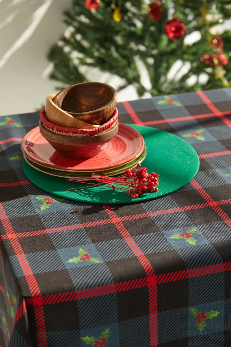 ايس هوم Ayshome Navy Blue Checkered New Year Table Cloth with Kokina Branches