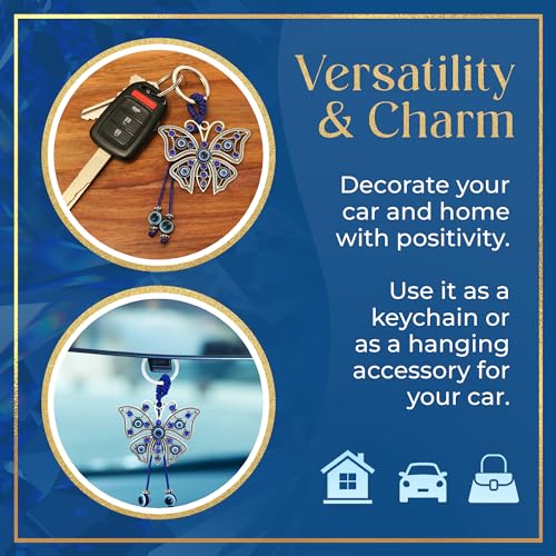 LUCKBOOSTIUM Evil Eye Keychain for Women - Blue Butterfly Charm with Rhinestones, Purse Accessory, Bag Decoration, Rearview Mirror Ornament, Home Décor, Car Hanging Accessory, Spiritual Gift - Image 3