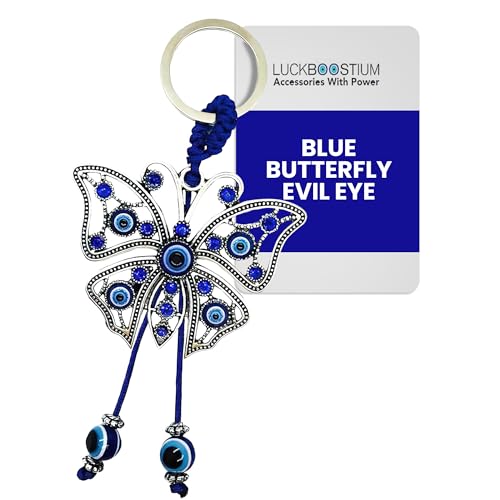 LUCKBOOSTIUM Evil Eye Keychain for Women - Blue Butterfly Charm with Rhinestones, Purse Accessory, Bag Decoration, Rearview Mirror Ornament, Home Décor, Car Hanging Accessory, Spiritual Gift - Image 1
