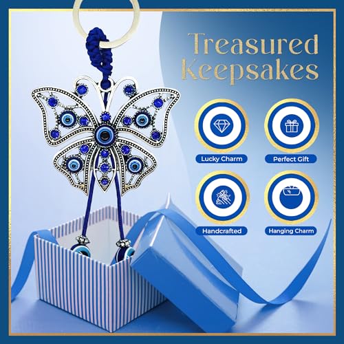 LUCKBOOSTIUM Evil Eye Keychain for Women - Blue Butterfly Charm with Rhinestones, Purse Accessory, Bag Decoration, Rearview Mirror Ornament, Home Décor, Car Hanging Accessory, Spiritual Gift - Image 5