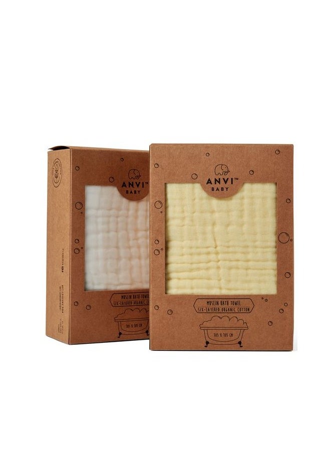 Anvi Baby Set of 2 Organic Muslin Bath Towel- Yellow & White 105x105cms  - Image 2