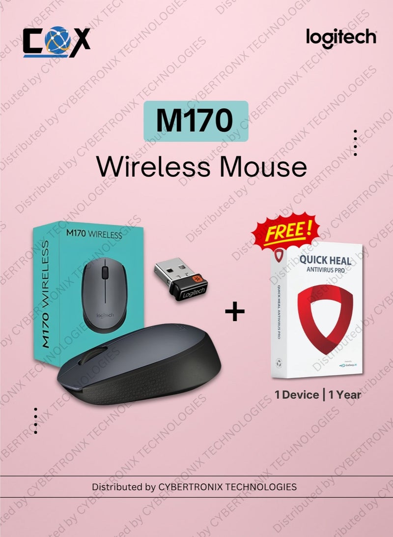 Quick heal Antivirus Pro for 1 Device 1 Year | Digital License | Same Day Delivery + Logitech M170 Wireless USB Mouse, 2.4GHz Wireless Technology, Optical Tracking, Up to 10m Wireless Range, Black | Combo Pack - Image 1