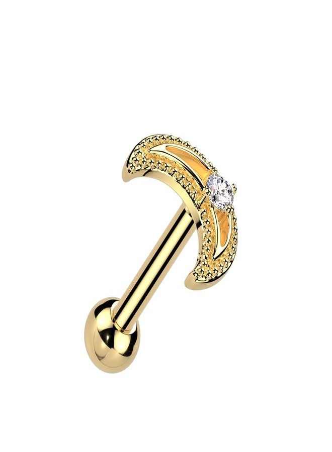 Pierced Owl 16GA 316L Stainless Steel CZ Crystal Crescent Moon Barbell Stud (Gold Tone) - Image 1