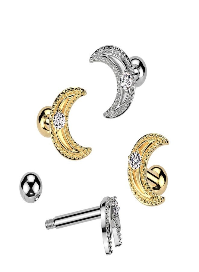 Pierced Owl 16GA 316L Stainless Steel CZ Crystal Crescent Moon Barbell Stud (Gold Tone) - Image 3