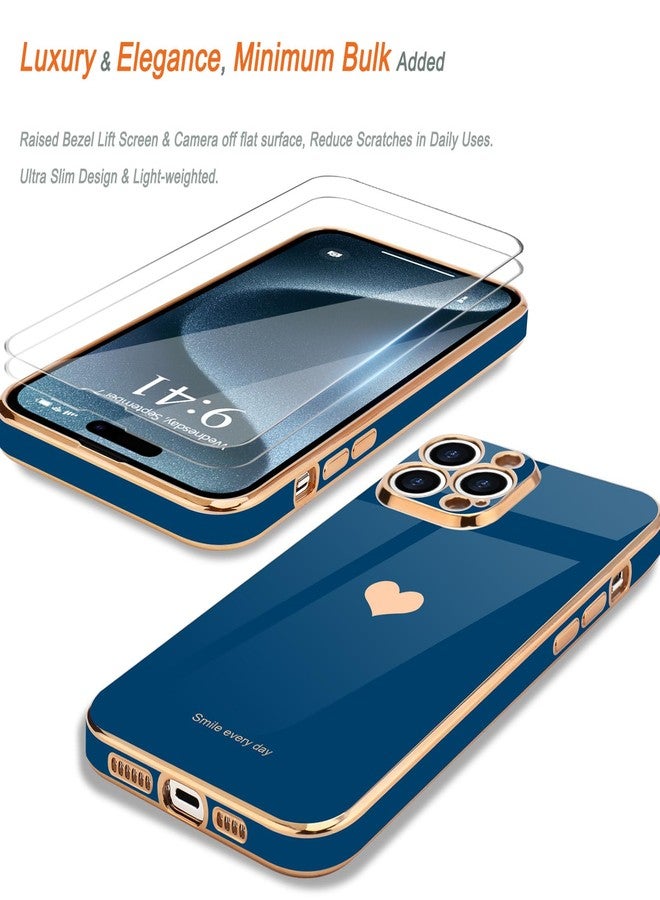 Teageo جراب Teageo لهاتف iPhone 15 Pro Max مع واقيين للشاشة بنمط قلب، للنساء والفتيات، مطلي بطبقة لامعة فاخرة، مصنوع من مادة TPU الناعمة، مقاوم للخدوش والصدمات، جراب هاتف لهاتف iPhone 15 Pro Max، أزرق ملكي - Image 3
