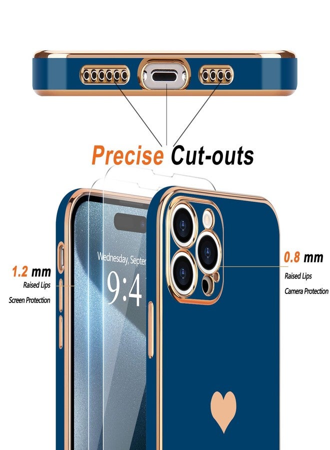 Teageo جراب Teageo لهاتف iPhone 15 Pro Max مع واقيين للشاشة بنمط قلب، للنساء والفتيات، مطلي بطبقة لامعة فاخرة، مصنوع من مادة TPU الناعمة، مقاوم للخدوش والصدمات، جراب هاتف لهاتف iPhone 15 Pro Max، أزرق ملكي - Image 2