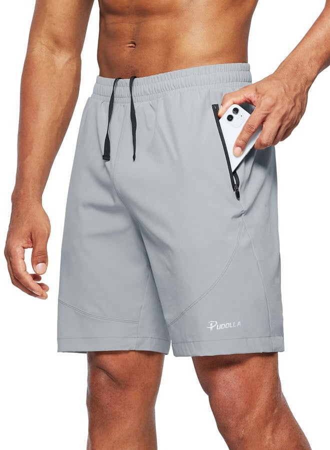 Pudolla Men's Workout Running Shorts Lightweight Gym Athletic Shorts for Men with Zipper Pockets (Light Grey XX-Large) - Image 1