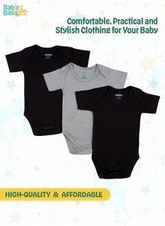 Babies Basic 100% Super Soft Cotton, Short Sleeves Romper/Bodysuit, For New Born To 24Months, Set Of 3 - Black, Navy,Grey  - Image 2
