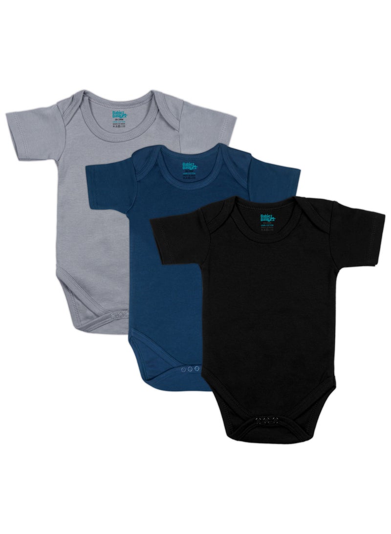 Babies Basic 100% Super Soft Cotton, Short Sleeves Romper/Bodysuit, For New Born To 24Months, Set Of 3 - Black, Navy,Grey  - Image 1