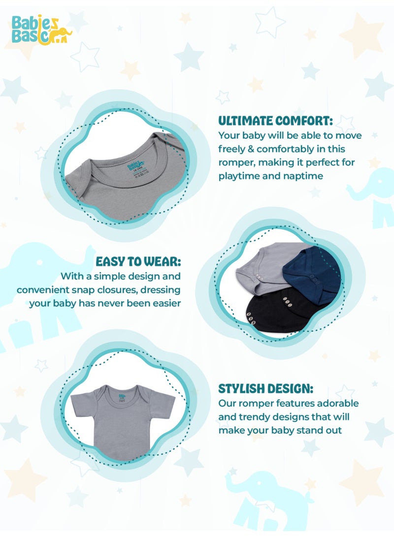 Babies Basic 100% Super Soft Cotton, Short Sleeves Romper/Bodysuit, For New Born To 24Months, Set Of 3 - Black, Navy,Grey  - Image 3