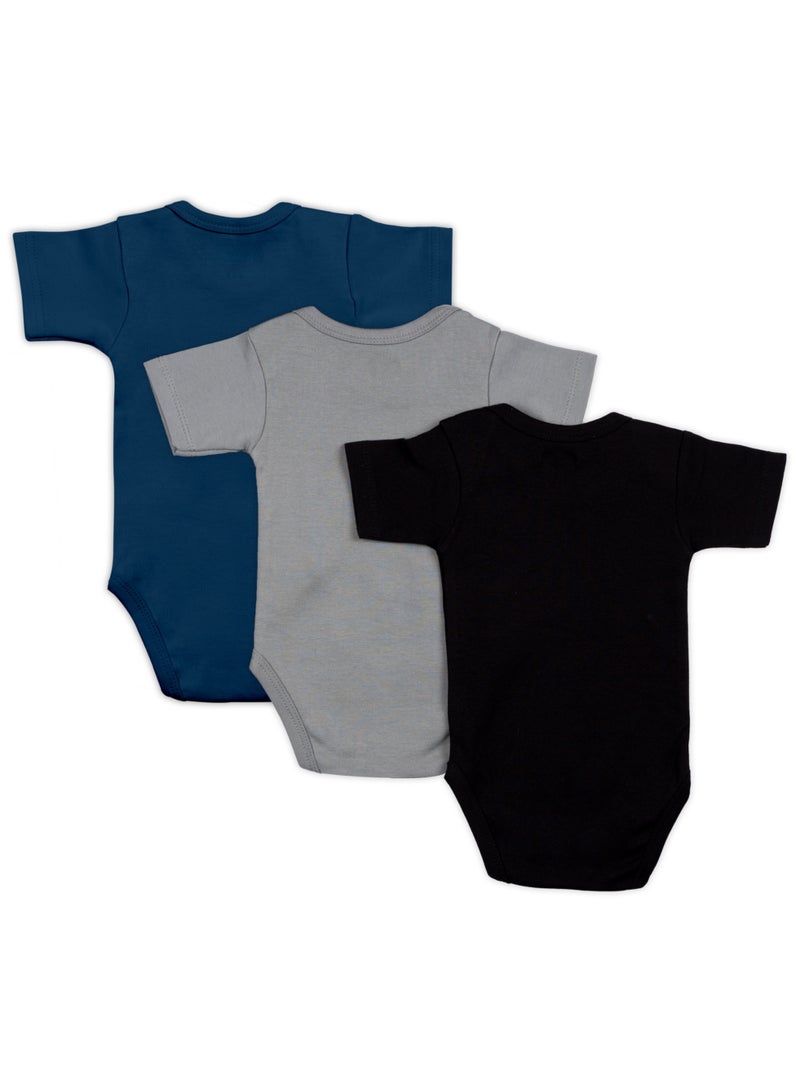 100% Super Soft Cotton, Short Sleeves Romper/Bodysuit, For New Born To 24Months, Set Of 3 - Black, Navy,Grey