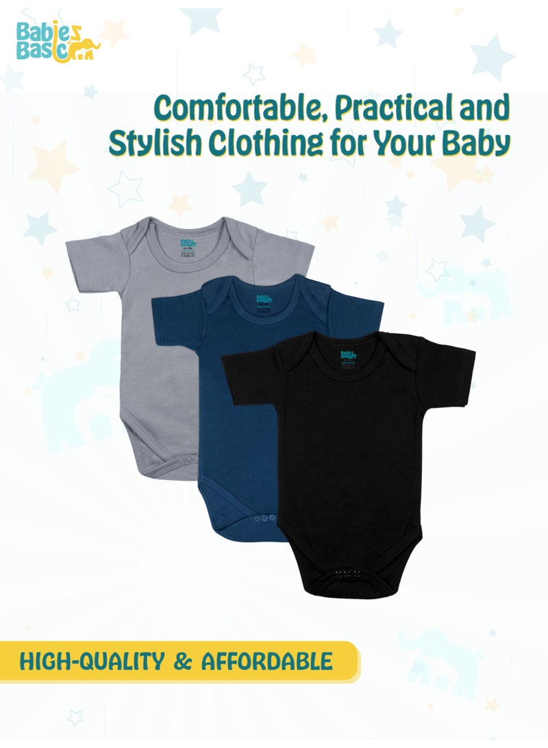 Babies Basic 100% Super Soft Cotton, Short Sleeves Romper/Bodysuit, For New Born To 24Months, Set Of 3 - Black, Navy,Grey  - Image 2