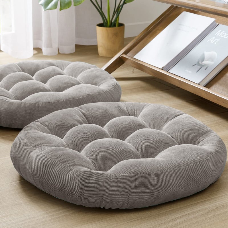 Degrees of Comfort Meditation Floor Pillow Set of 2 Round Large Pillows Seating for Adults Tufted Corduroy Cushion for Tatami Living Room Grey 22 Inch