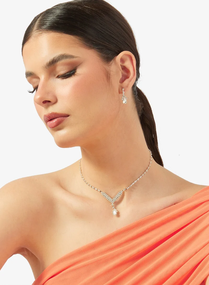 Ella Dainty Silver Diamonte Jewelry Set Necklace Earrings