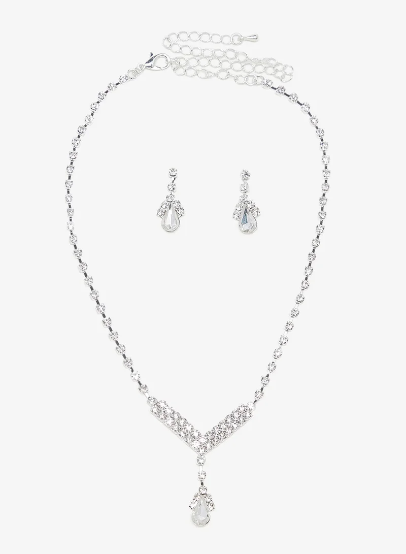 Ella Dainty Silver Diamonte Jewelry Set Necklace Earrings