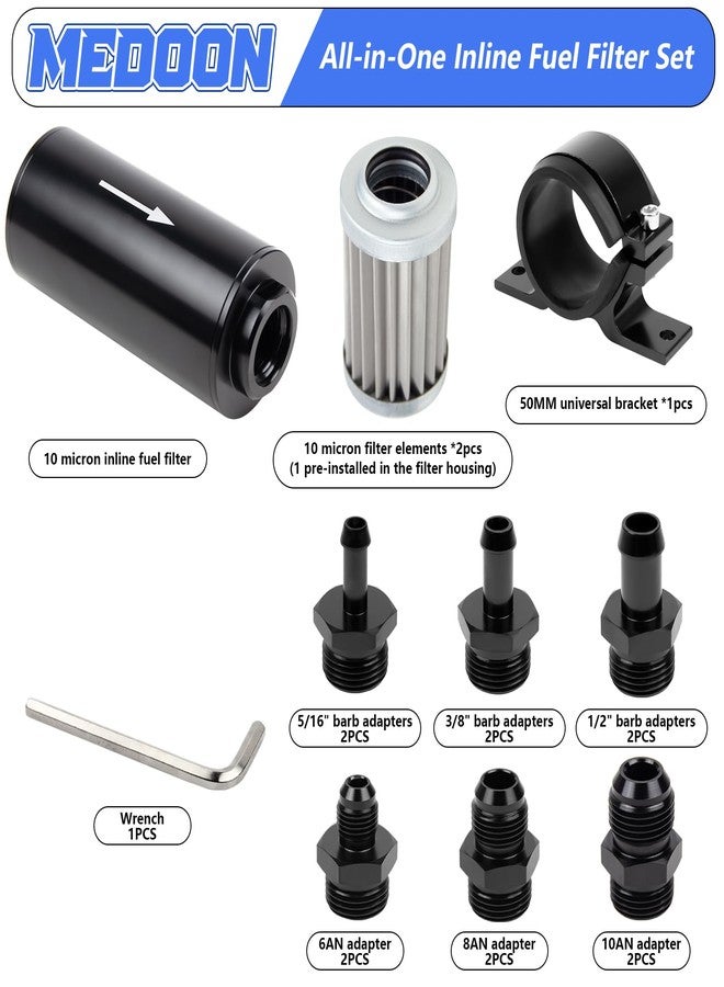 Medoon 10 Micron Inline Fuel Filter with 6AN 8AN 10AN Adapter(6pcs), Barb 1/2", 3/8", 5/16" Fitting Adapter (6pcs),Bracket Clamp 50MM Universal, 10 Micron Filter Element Replacement - Image 2