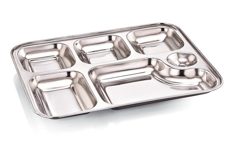 GALOOF Stainless Steel 6 in 1 Pav Bhaji Plate Set | 6 Compartment Section Mess Tray | 6 Section Rectangle Bhojan Thali for Lunch and Dinner (Pack of 6) - Image 2