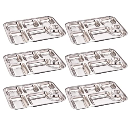 GALOOF Stainless Steel 6 in 1 Pav Bhaji Plate Set | 6 Compartment Section Mess Tray | 6 Section Rectangle Bhojan Thali for Lunch and Dinner (Pack of 6) - Image 1