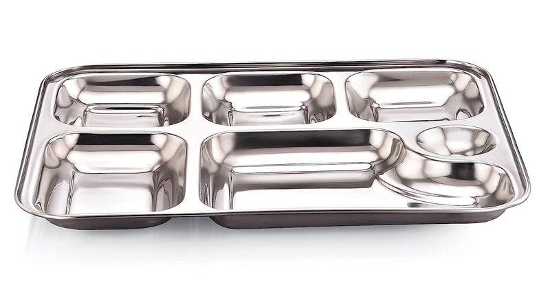 GALOOF Stainless Steel 6 in 1 Pav Bhaji Plate Set | 6 Compartment Section Mess Tray | 6 Section Rectangle Bhojan Thali for Lunch and Dinner (Pack of 6) - Image 4