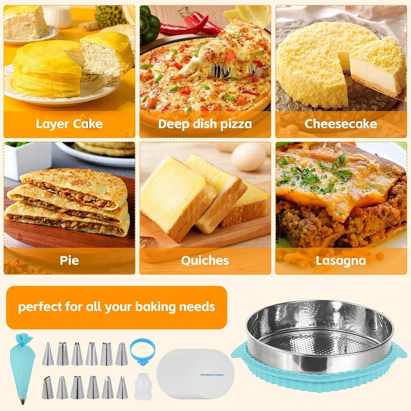 Aufind 10 Inch Springform Pan for Baking, 304 Stainless Steel Cheesecake Pan with Removable Bottom, Includes 12 Piping Tips and 50 Parchment Papers for Pie Cake Pizza and Quiches(10" Cake pan) - Image 3