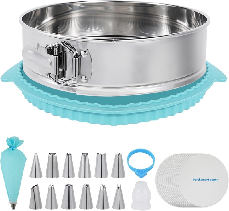 Aufind 10 Inch Springform Pan for Baking, 304 Stainless Steel Cheesecake Pan with Removable Bottom, Includes 12 Piping Tips and 50 Parchment Papers for Pie Cake Pizza and Quiches(10" Cake pan) - Image 1