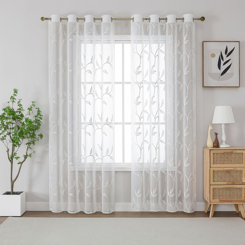Yellow 132x183cm Rattan Leaf Embroidered Curtain With Metal Rings For Bedroom Living Room Kitchen - Image 5