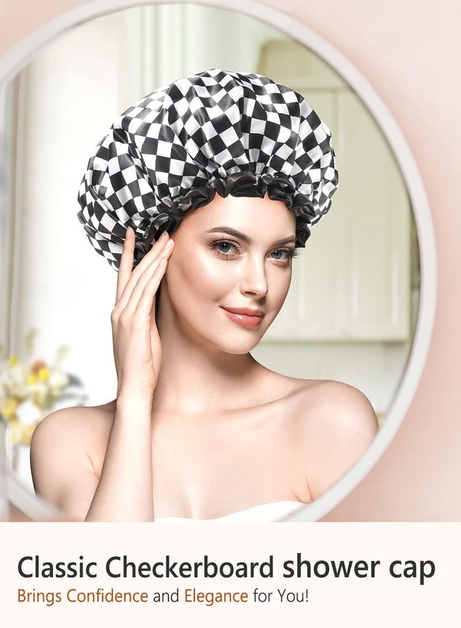 mikimini Large Shower Cap for Women Long Hair, 2 Pack,Elegant Chessboard Design,Double-layer Waterproof, Reusable, Washable, No Odor, X-Large - Image 3