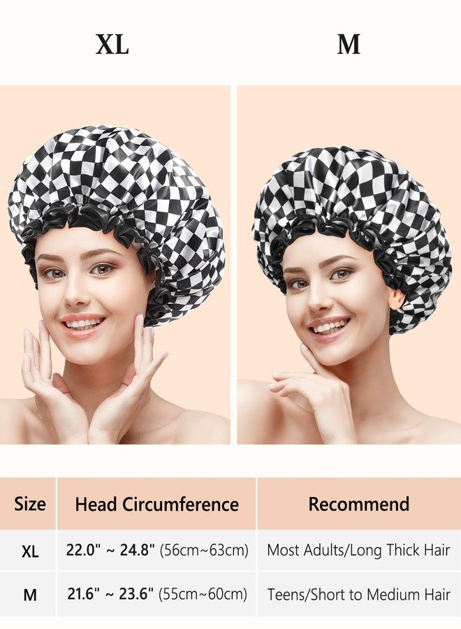mikimini Large Shower Cap for Women Long Hair, 2 Pack,Elegant Chessboard Design,Double-layer Waterproof, Reusable, Washable, No Odor, X-Large - Image 2