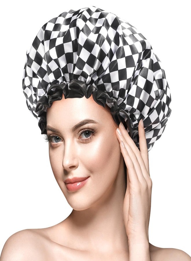 mikimini Large Shower Cap for Women Long Hair, 2 Pack,Elegant Chessboard Design,Double-layer Waterproof, Reusable, Washable, No Odor, X-Large - Image 1