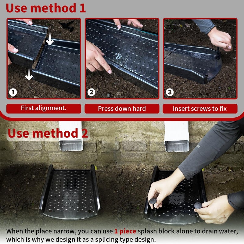 NAACOO 2 Pack Downspout Splash Block, Naacoo 24"" Rain Gutter Downspout Extensions/Extender With 4Pc Fixing Nails, Drainage To Protect House Foundations(4 Piece|Black) - Image 3