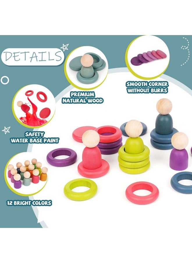 Agirlgle Montessori Toys Wooden Color Sorting Stacking Rings Toy Rainbow Wooden Peg Dolls Counting Toys Circular Building Blocks Stacking Game Preschool Learning Education Fine Motor Skill Toys for Toddlers - Image 3