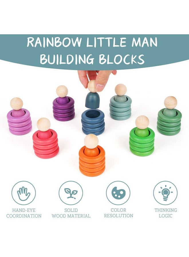Agirlgle Montessori Toys Wooden Color Sorting Stacking Rings Toy Rainbow Wooden Peg Dolls Counting Toys Circular Building Blocks Stacking Game Preschool Learning Education Fine Motor Skill Toys for Toddlers - Image 4